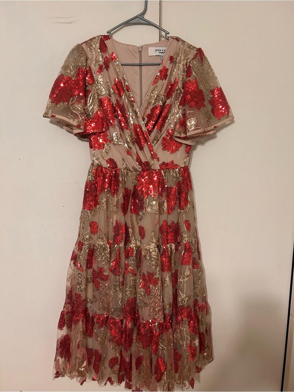 JessaKae Red and Gold Sequin Floral Midi Dress